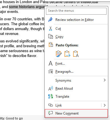 New comments option via right click context menu in Word